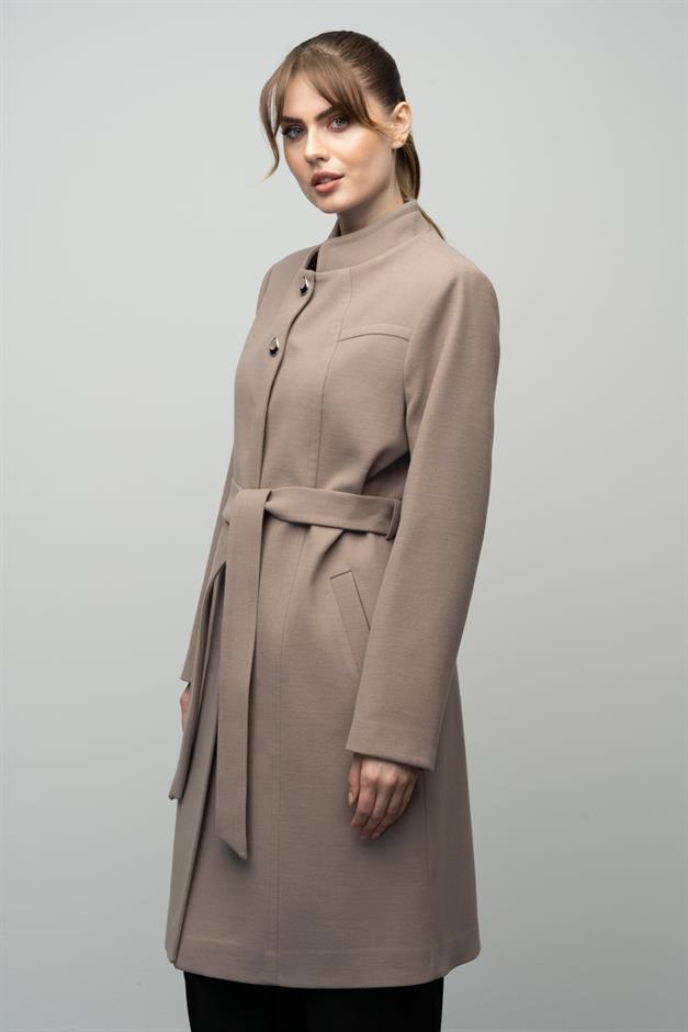 Grandad Collar Belted Plus Size Coat VIZON 3038