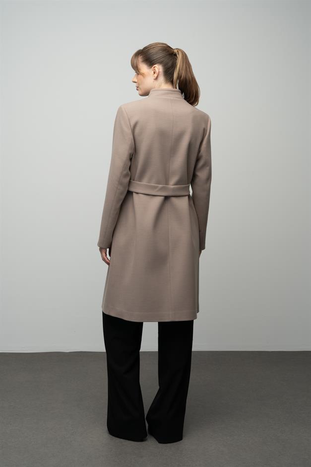 Grandad Collar Belted Plus Size Coat VIZON 3038