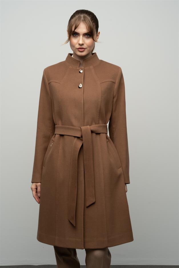 Grandad Collar Belted Plus Size Coat CAMEL 3038