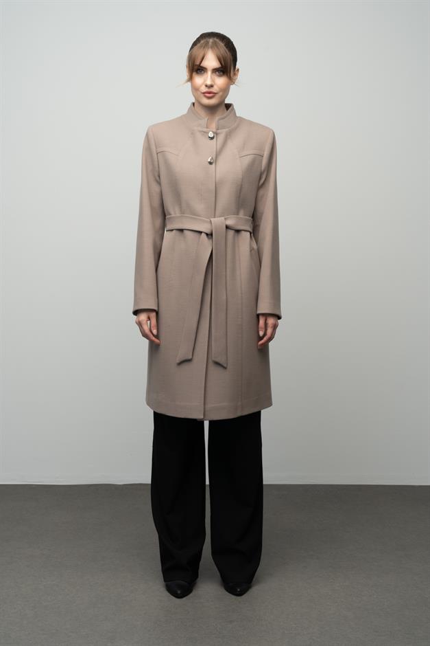 Grandad Collar Belted Plus Size Coat VIZON 3038