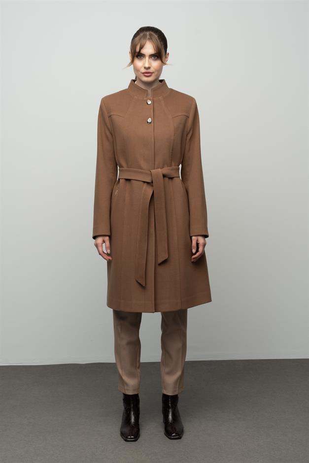 Grandad Collar Belted Plus Size Coat CAMEL 3038