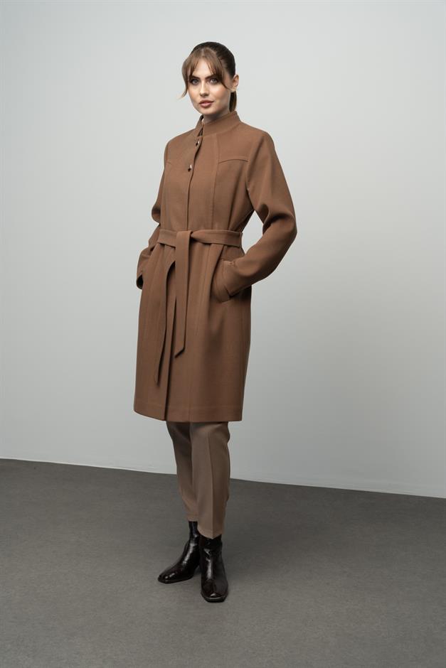 Grandad Collar Belted Plus Size Coat CAMEL 3038