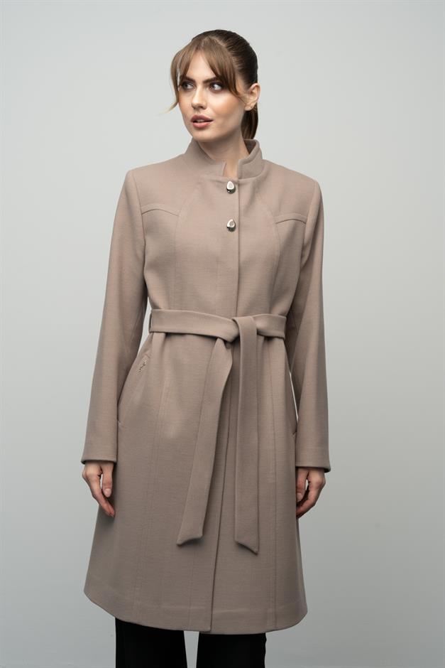 Grandad Collar Belted Plus Size Coat VIZON 3038
