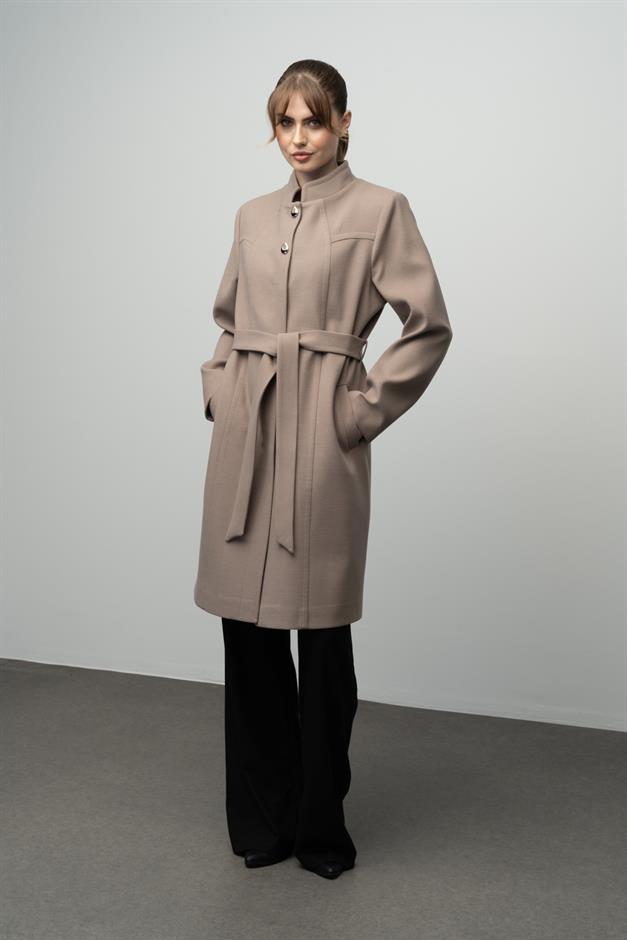 Grandad Collar Belted Plus Size Coat VIZON 3038
