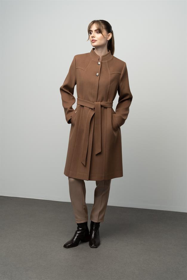 Grandad Collar Belted Plus Size Coat CAMEL 3038