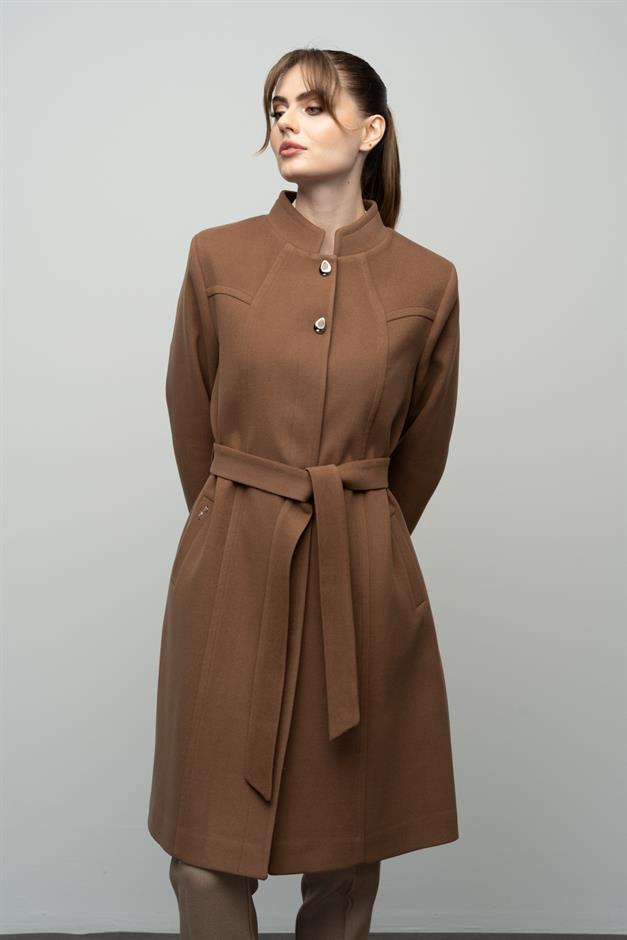 Grandad Collar Belted Plus Size Coat CAMEL 3038