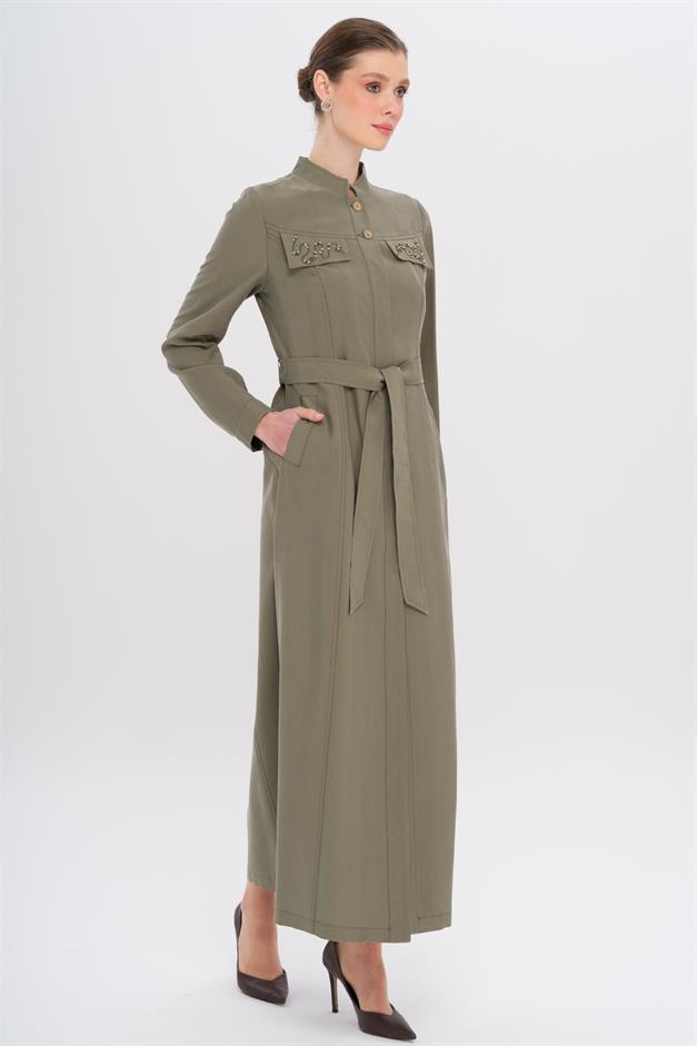 Hakim Yaka Boncuk ve İşleme Detaylı Astarsız Modal Pardesü HAKİ 6728