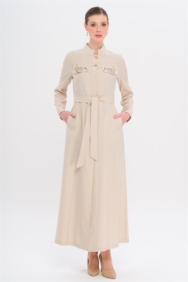 Hakim Yaka Boncuk ve İşleme Detaylı Astarsız Modal Pardesü TAŞ 6728