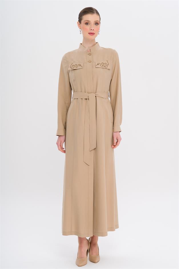 Hakim Yaka Boncuk ve İşleme Detaylı Astarsız Modal Pardesü BEJ 6728