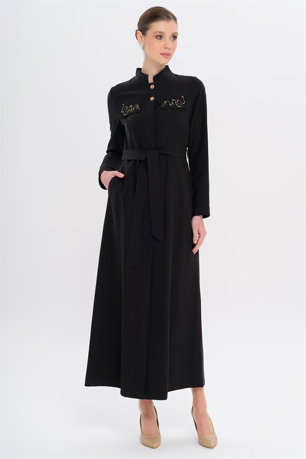 Hakim Yaka Boncuk ve İşleme Detaylı Astarsız Modal Pardesü SİYAH 6728