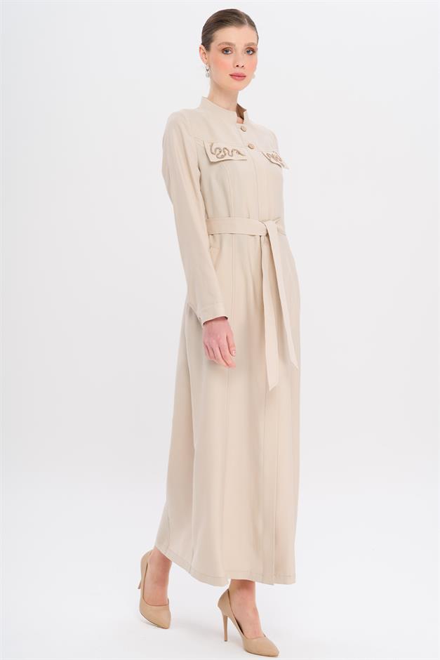 Hakim Yaka Boncuk ve İşleme Detaylı Astarsız Modal Pardesü TAŞ 6728