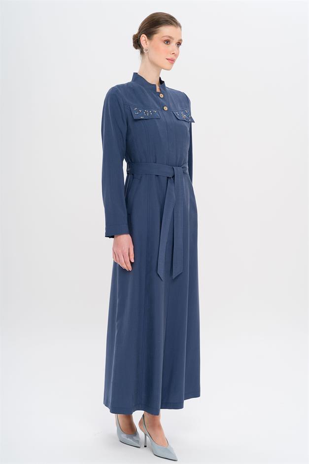 Hakim Yaka Boncuk ve İşleme Detaylı Astarsız Modal Pardesü İNDİGO 6728