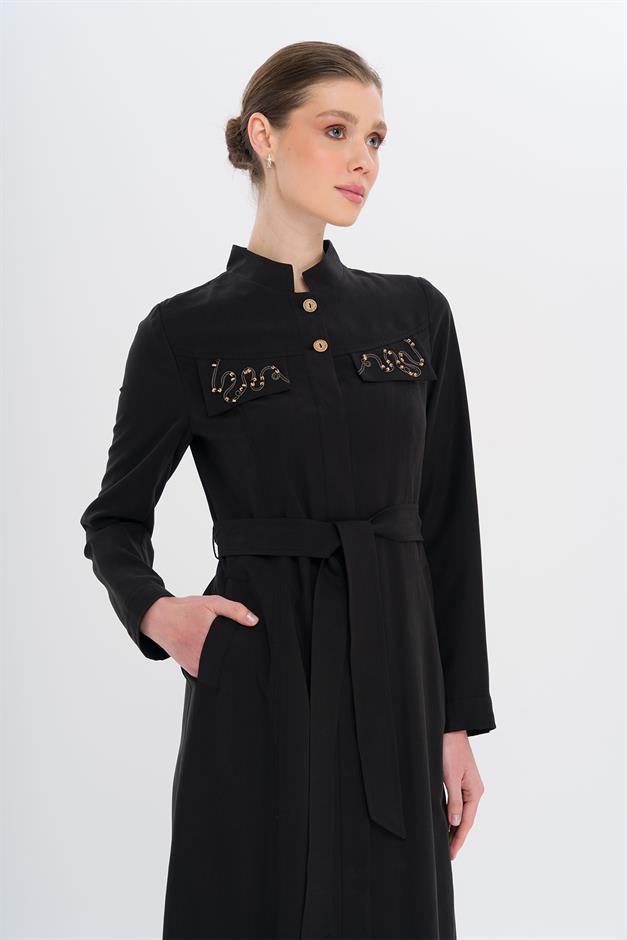 Hakim Yaka Boncuk ve İşleme Detaylı Astarsız Modal Pardesü SİYAH 6728