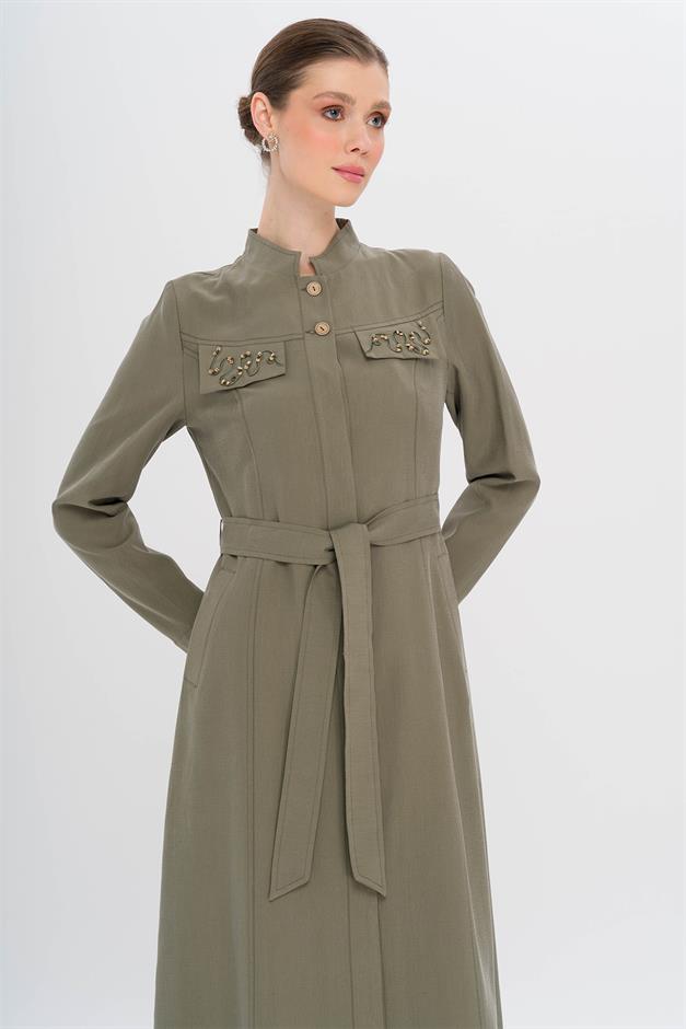 Hakim Yaka Boncuk ve İşleme Detaylı Astarsız Modal Pardesü HAKİ 6728