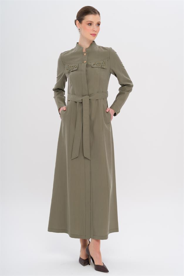 Hakim Yaka Boncuk ve İşleme Detaylı Astarsız Modal Pardesü HAKİ 6728