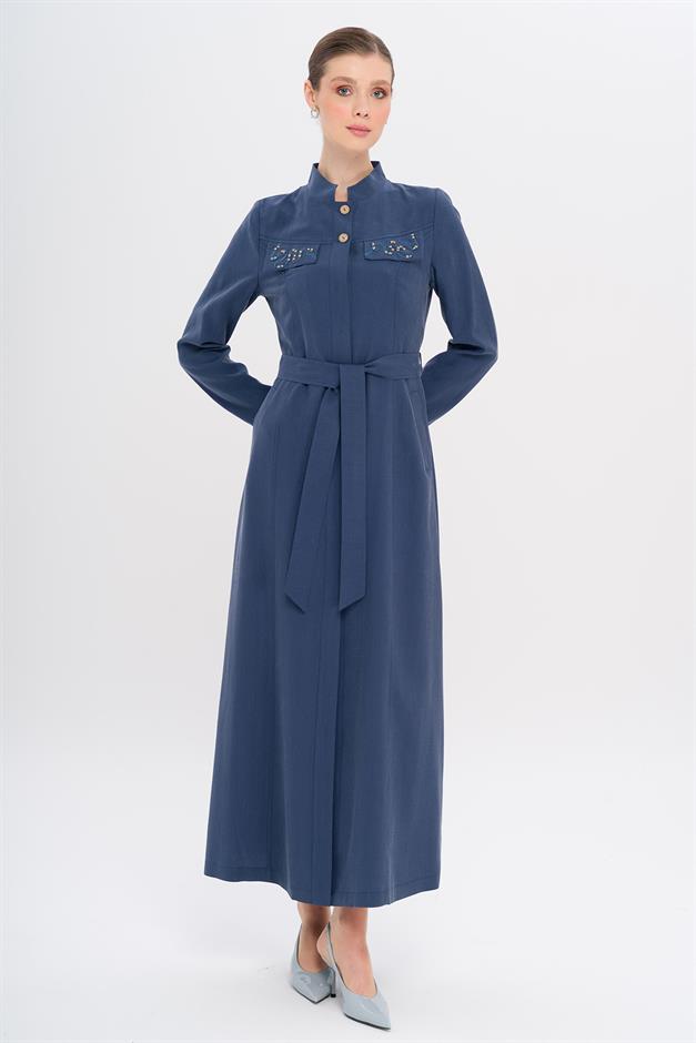 Hakim Yaka Boncuk ve İşleme Detaylı Astarsız Modal Pardesü İNDİGO 6728