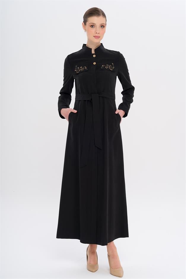 Hakim Yaka Boncuk ve İşleme Detaylı Astarsız Modal Pardesü SİYAH 6728