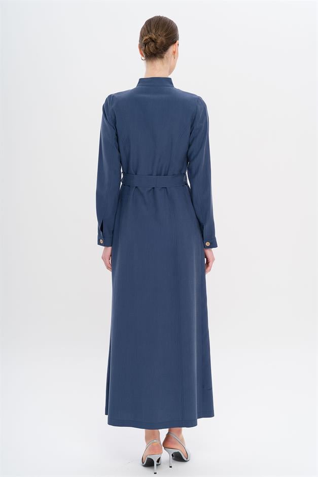 Hakim Yaka Boncuk ve İşleme Detaylı Astarsız Modal Pardesü İNDİGO 6728