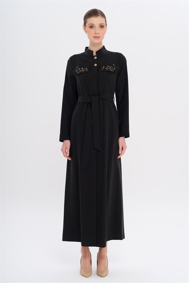Hakim Yaka Boncuk ve İşleme Detaylı Astarsız Modal Pardesü SİYAH 6728