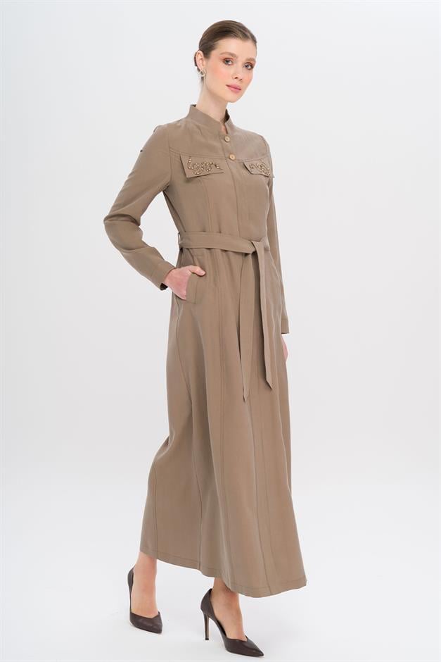 Hakim Yaka Boncuk ve İşleme Detaylı Astarsız Modal Pardesü A.KAHVE 6728