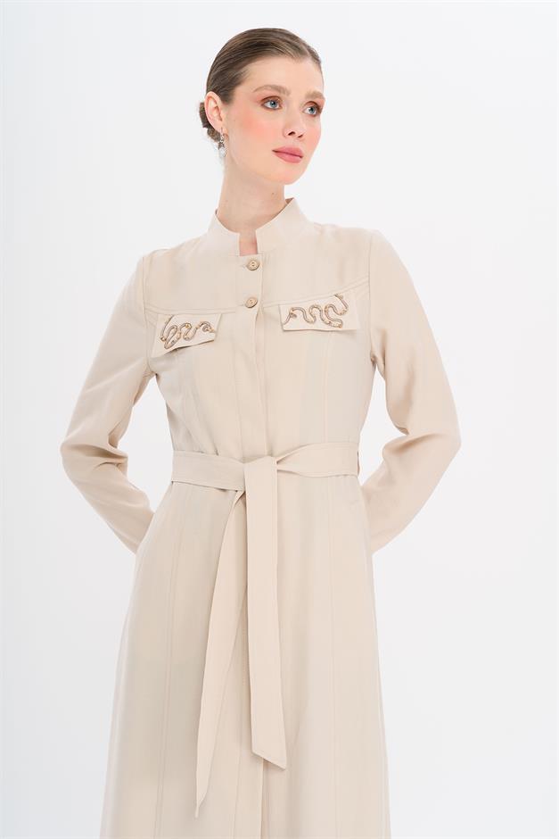 Hakim Yaka Boncuk ve İşleme Detaylı Astarsız Modal Pardesü TAŞ 6728