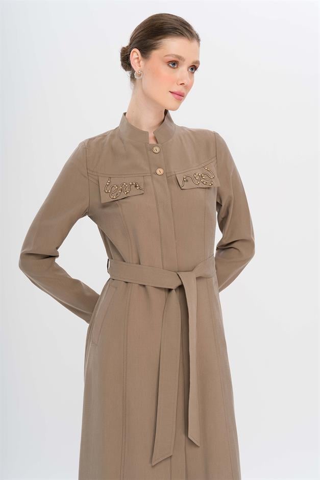 Hakim Yaka Boncuk ve İşleme Detaylı Astarsız Modal Pardesü A.KAHVE 6728