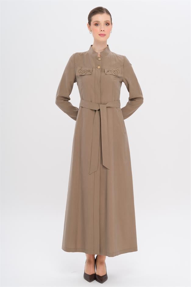 Hakim Yaka Boncuk ve İşleme Detaylı Astarsız Modal Pardesü A.KAHVE 6728
