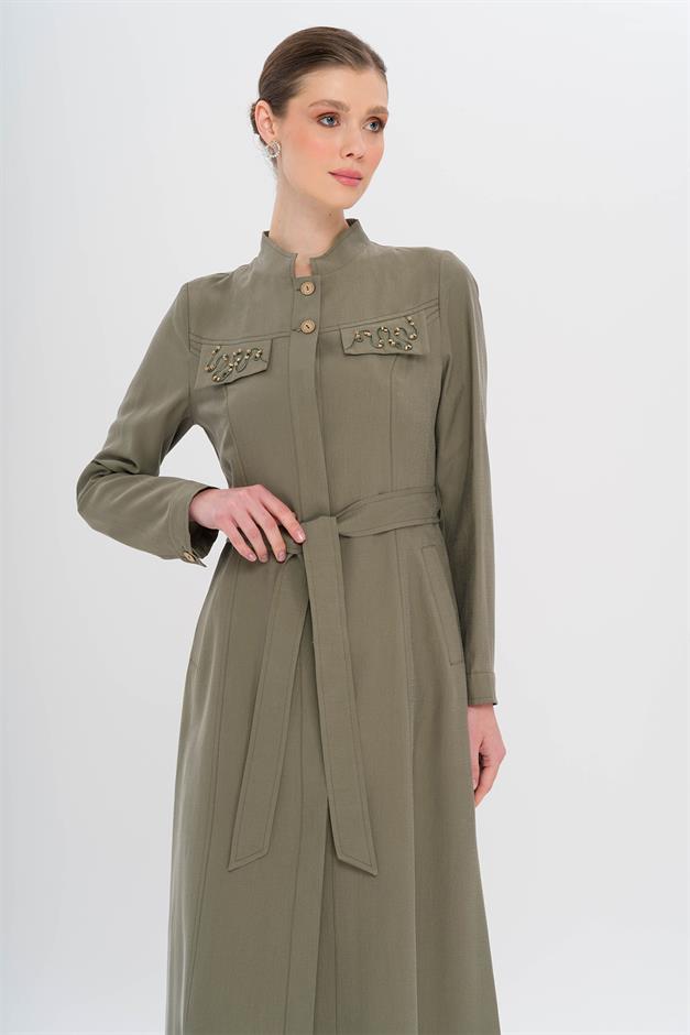 Hakim Yaka Boncuk ve İşleme Detaylı Astarsız Modal Pardesü HAKİ 6728