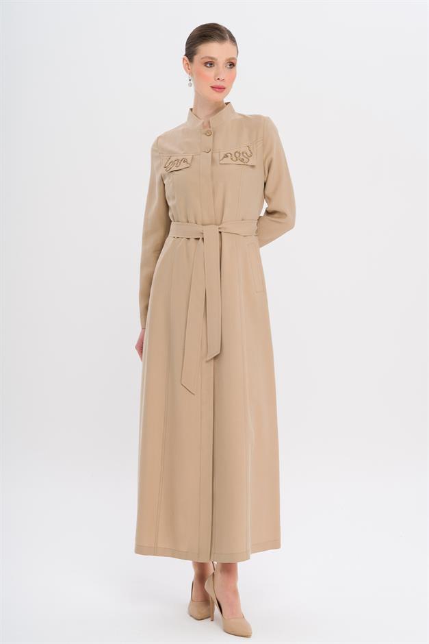 Hakim Yaka Boncuk ve İşleme Detaylı Astarsız Modal Pardesü BEJ 6728