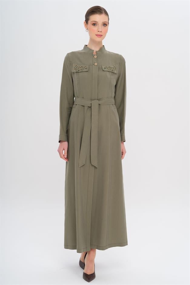 Hakim Yaka Boncuk ve İşleme Detaylı Astarsız Modal Pardesü HAKİ 6728