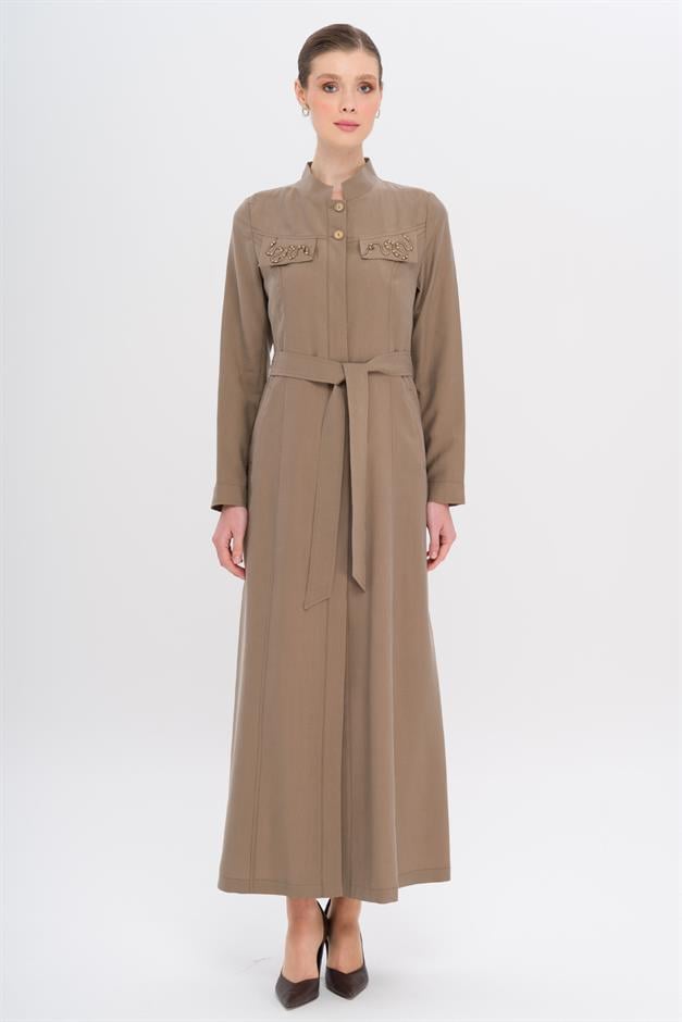 Hakim Yaka Boncuk ve İşleme Detaylı Astarsız Modal Pardesü A.KAHVE 6728