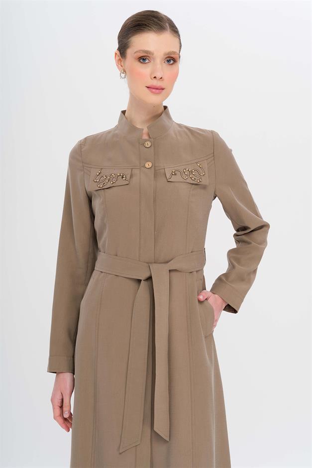 Hakim Yaka Boncuk ve İşleme Detaylı Astarsız Modal Pardesü A.KAHVE 6728