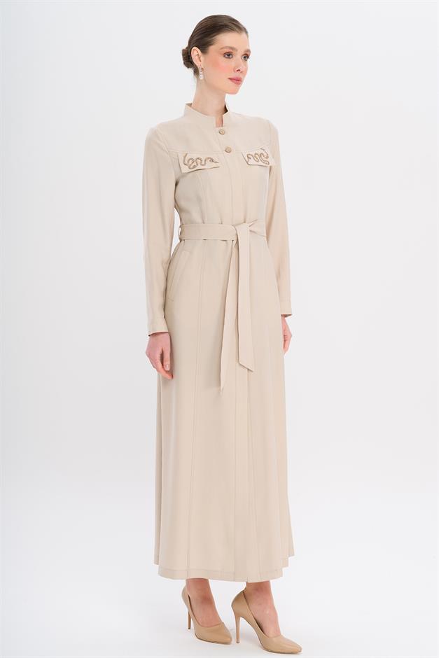 Hakim Yaka Boncuk ve İşleme Detaylı Astarsız Modal Pardesü TAŞ 6728