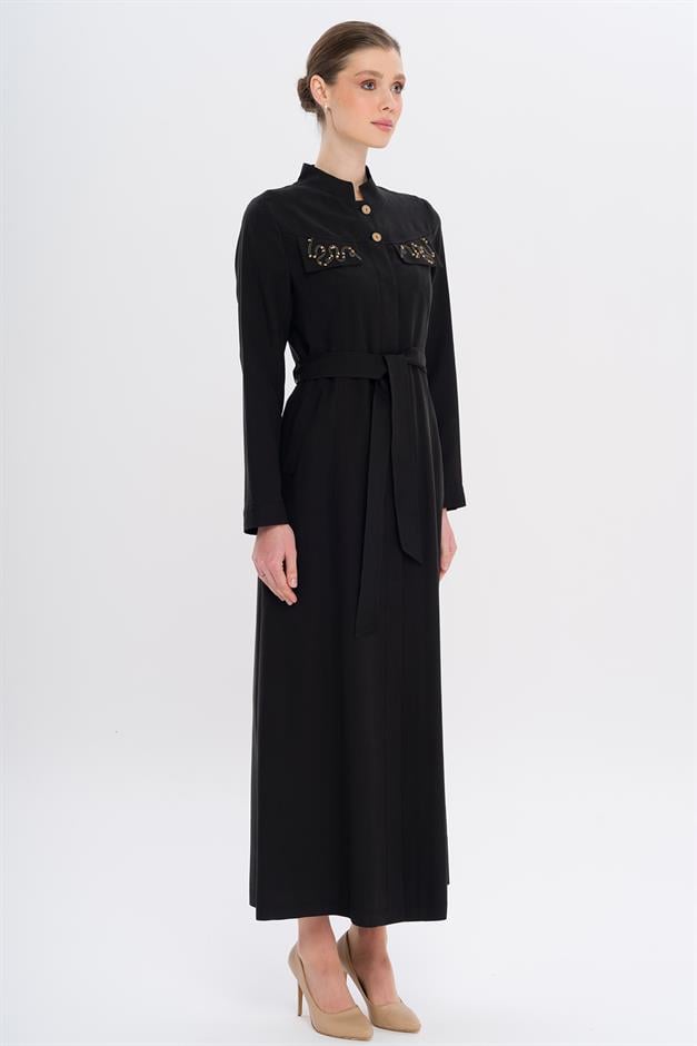 Hakim Yaka Boncuk ve İşleme Detaylı Astarsız Modal Pardesü SİYAH 6728