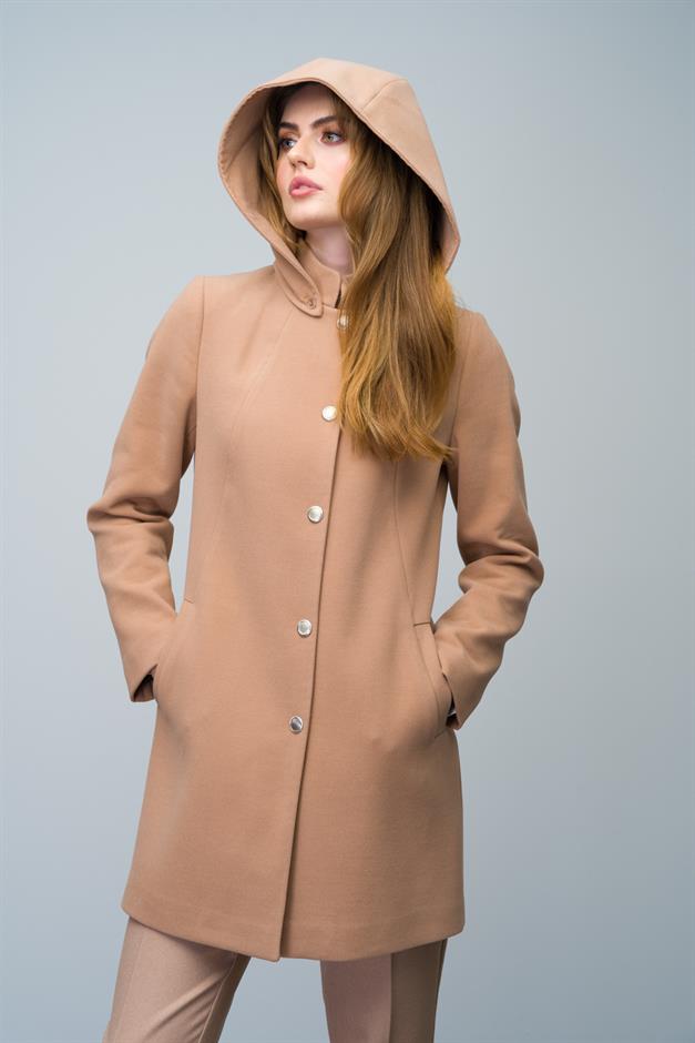 Removable Hooded Coat with a Standing Collar CAMEL 3003