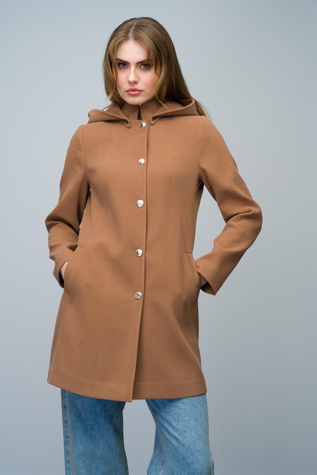 Removable Hooded Coat with a Standing Collar CAMEL 3003