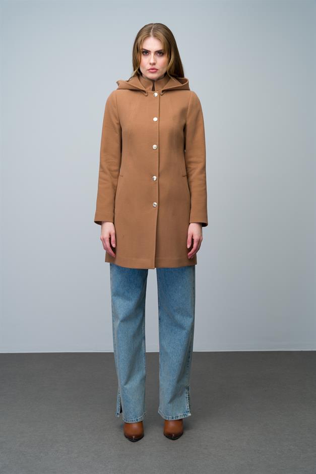 Removable Hooded Coat with a Standing Collar CAMEL 3003