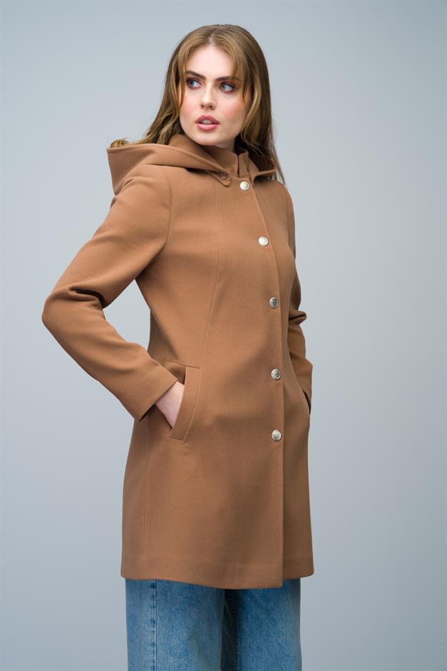 Removable Hooded Coat with a Standing Collar CAMEL 3003