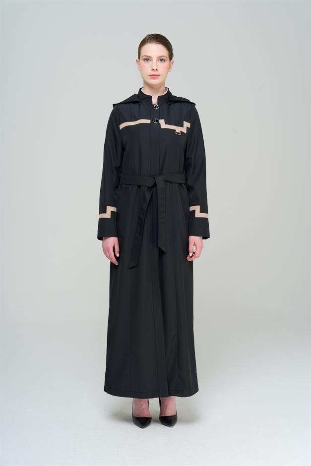 Mandarin Collar Detachable Hooded Garni Detailed Lined Long Trench Coat BLACK 4295