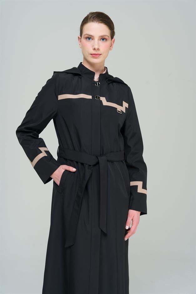 Mandarin Collar Detachable Hooded Garni Detailed Lined Long Trench Coat BLACK 4295