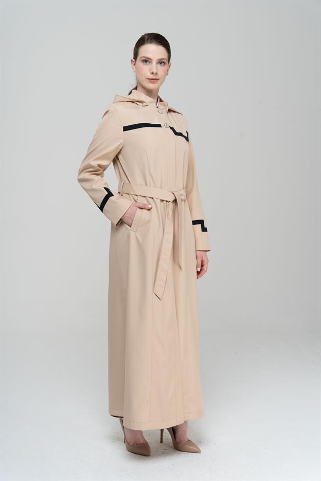 Mandarin Collar Detachable Hooded Garni Detailed Lined Long Trench Coat IVORY 4295