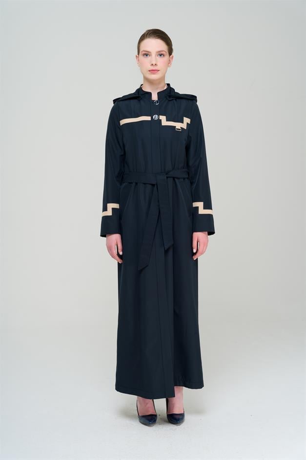 Mandarin Collar Detachable Hooded Garni Detailed Lined Long Trench Coat NAVY 4295