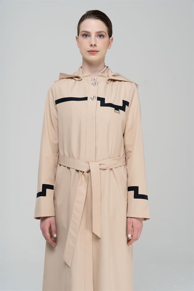 Mandarin Collar Detachable Hooded Garni Detailed Lined Long Trench Coat IVORY 4295