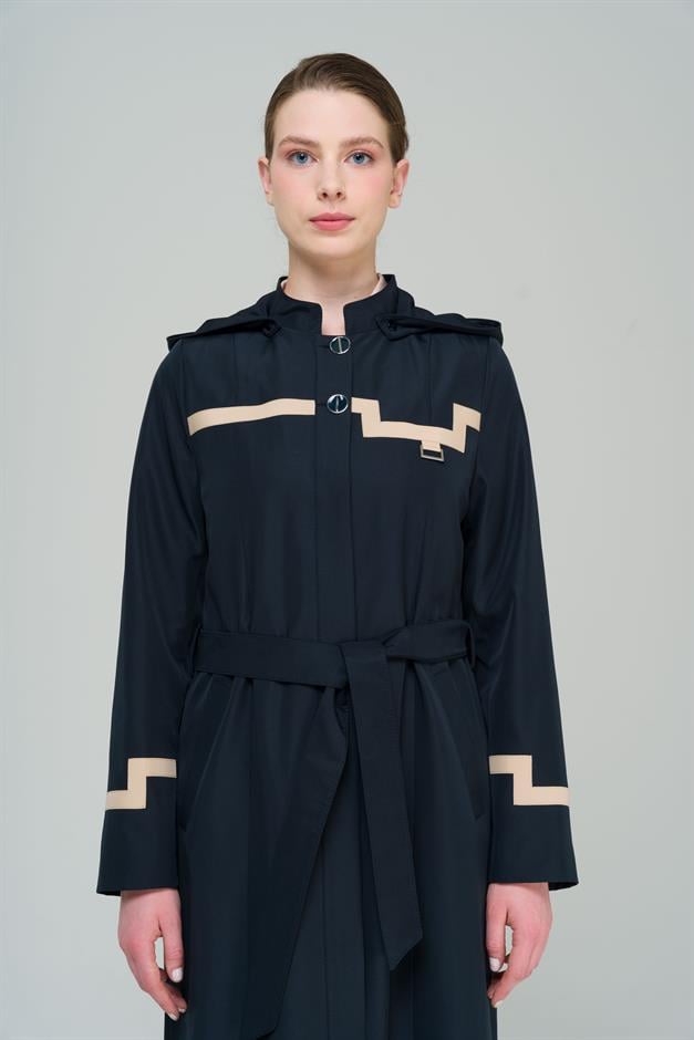 Mandarin Collar Detachable Hooded Garni Detailed Lined Long Trench Coat NAVY 4295