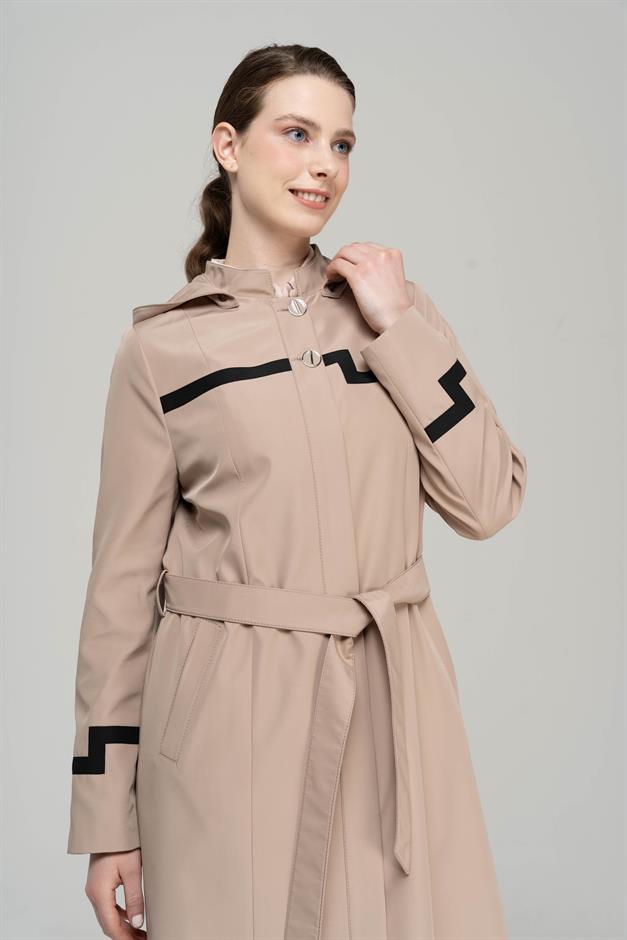Mandarin Collar Detachable Hooded Garni Detailed Lined Long Trench Coat VIZON 4295