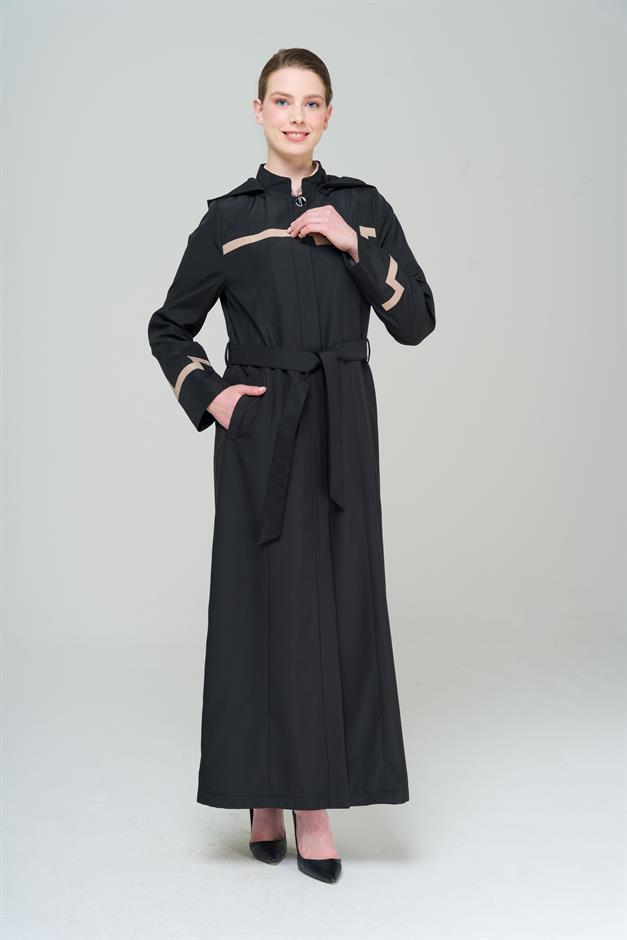 Mandarin Collar Detachable Hooded Garni Detailed Lined Long Trench Coat BLACK 4295