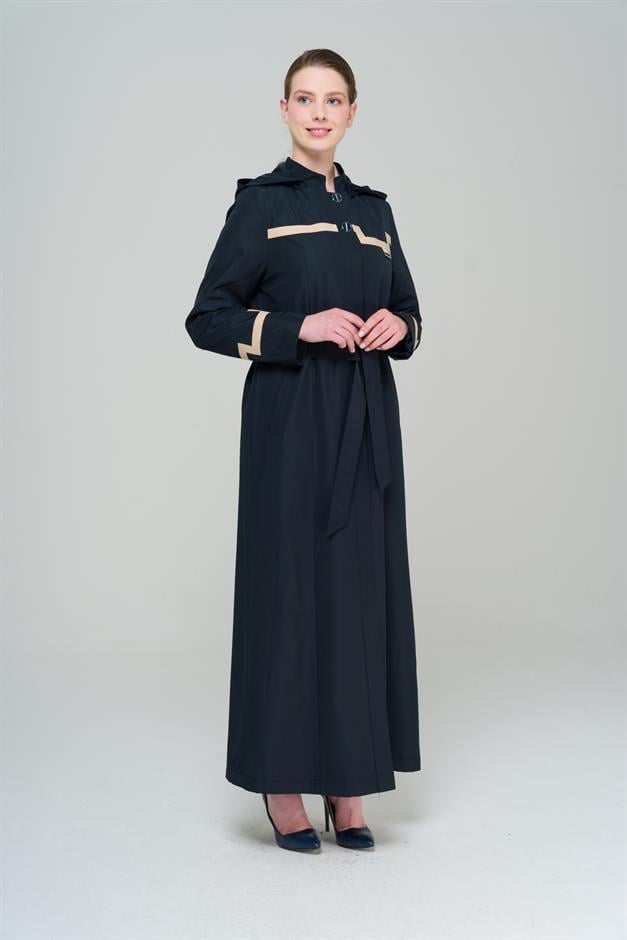 Mandarin Collar Detachable Hooded Garni Detailed Lined Long Trench Coat NAVY 4295