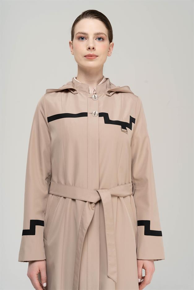 Mandarin Collar Detachable Hooded Garni Detailed Lined Long Trench Coat VIZON 4295