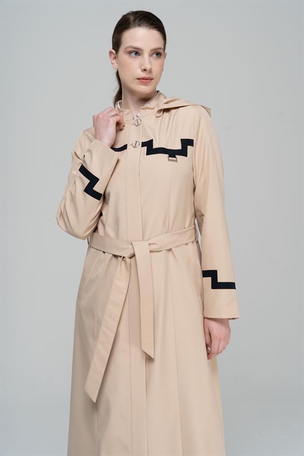 Mandarin Collar Detachable Hooded Garni Detailed Lined Long Trench Coat IVORY 4295