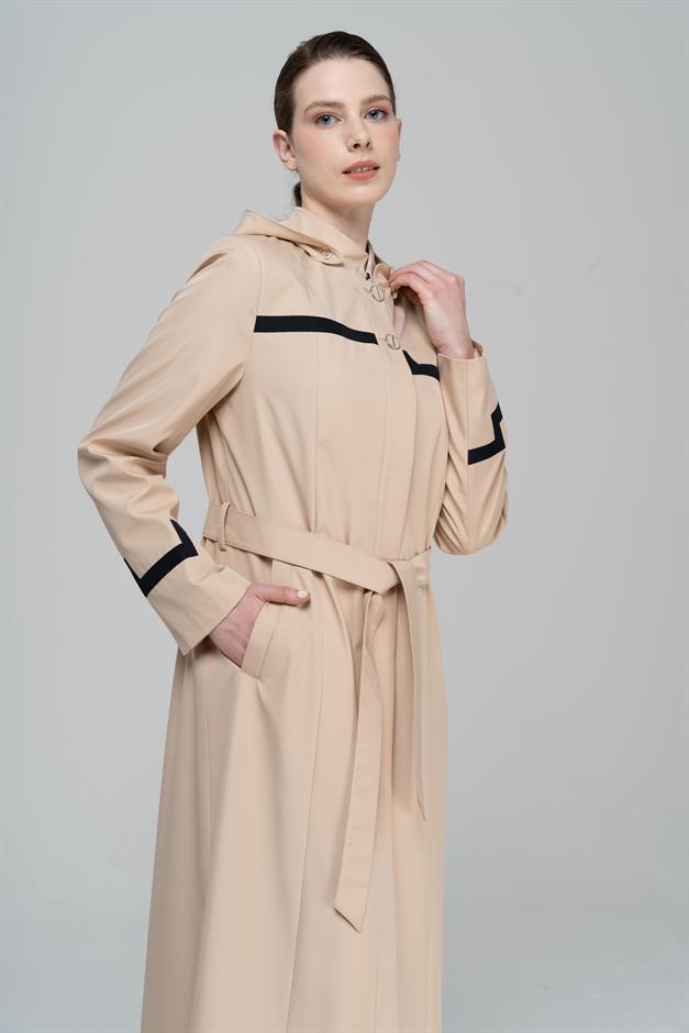 Mandarin Collar Detachable Hooded Garni Detailed Lined Long Trench Coat IVORY 4295